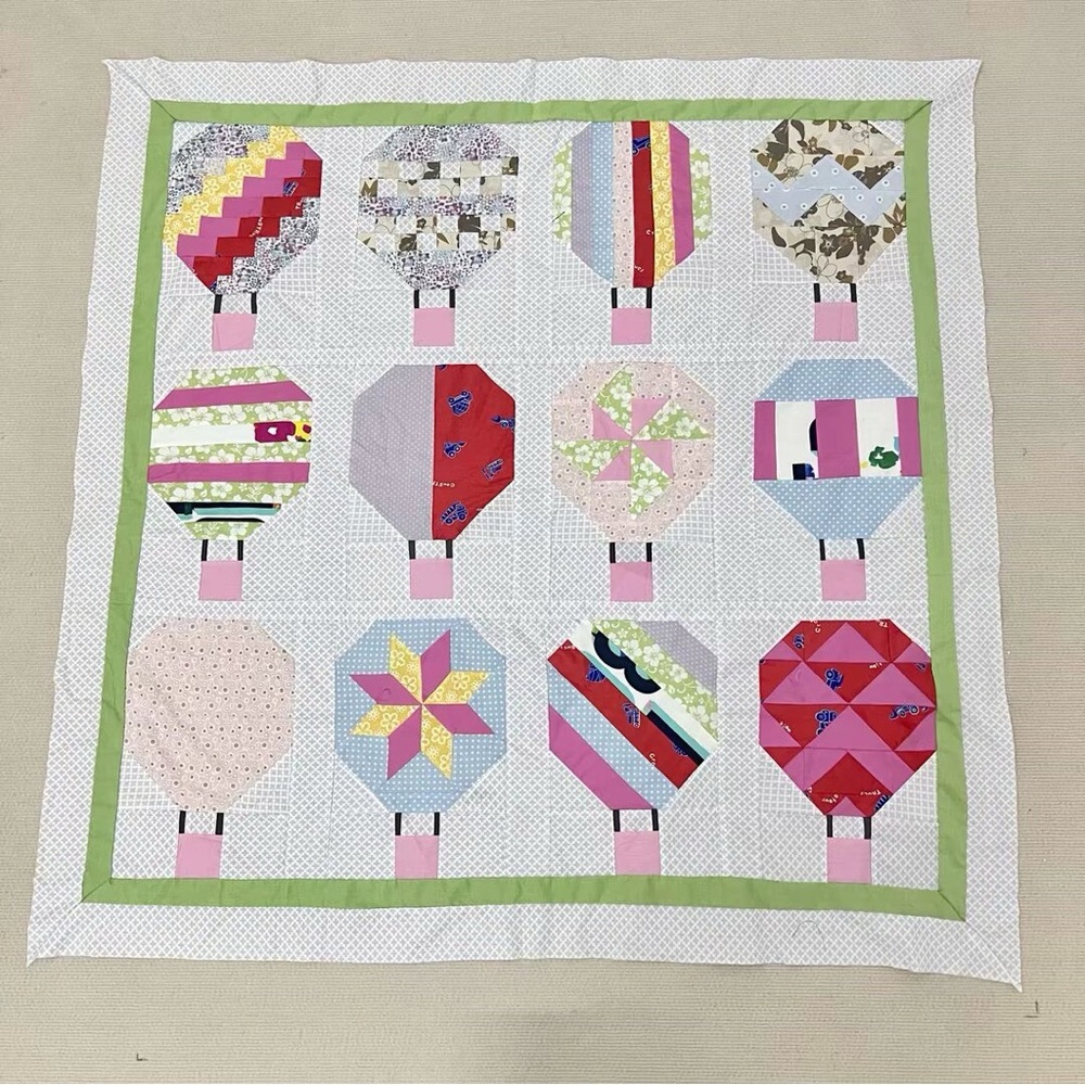 Handmade Hot Air Balloon Patchwork Wall Quilt — Pink & Multicolor